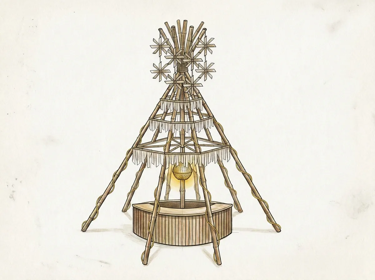 Design sketch of the central bamboo bar installation, with a mirror-ball fountain at its base